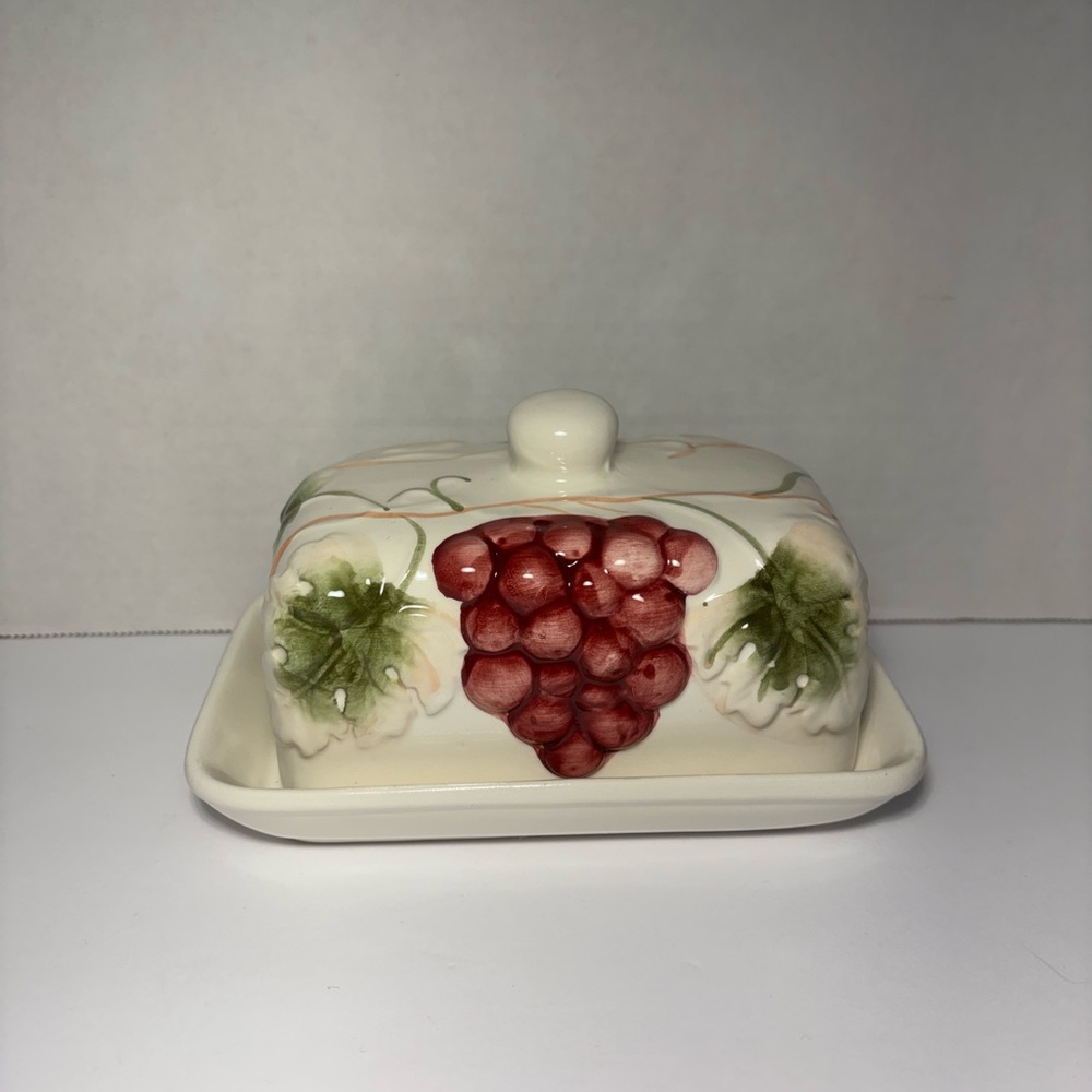 Vintage Ceramic Butter Dish Handpainted Grapes Vine 6.25” Tray